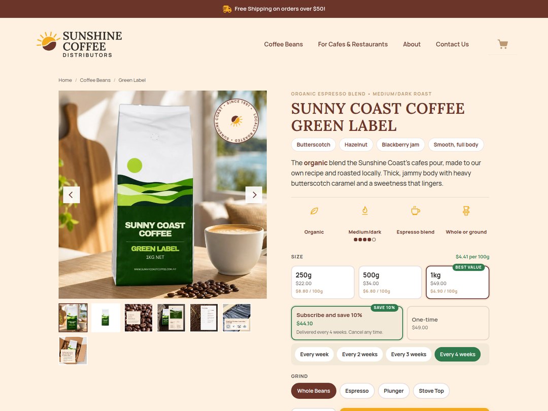 Sunny Coast Coffee product page after the redesign